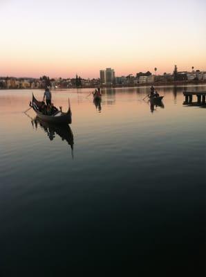 Gondola's and Sandolo (Lorna's rowing Sandolo) on Lake Merritt outside boutique with Lorna Moglia's beautiful handmade jewelry!