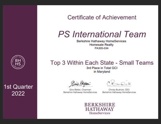 We are proud to announce that PS International Team has been named one of the top 3 small teams in the state of Maryland!