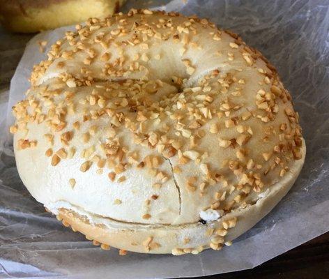 Garlic bagel with plain cream cheese