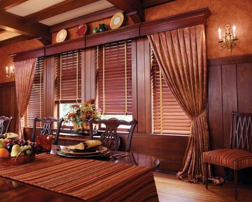 Wood Blinds and Faux Wood Blinds with Wood Cornice and Drapery Panels