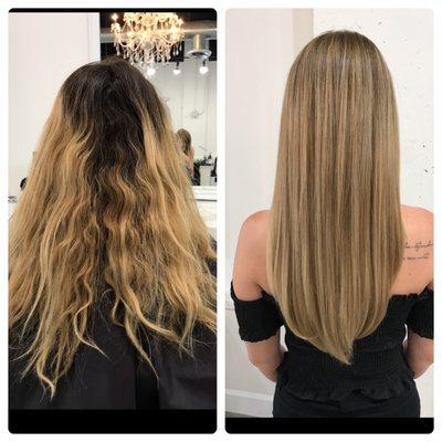 First visit. She fixed my hair. Half highlights, glaze and olaplex treatment