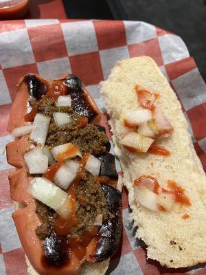 Texas Red hot dog with meat sauce