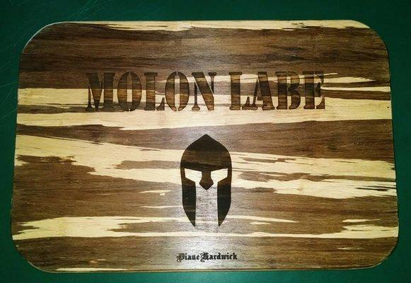 Bamboo Cutting Board Engraved with MOLON LABE and custom name at bottom