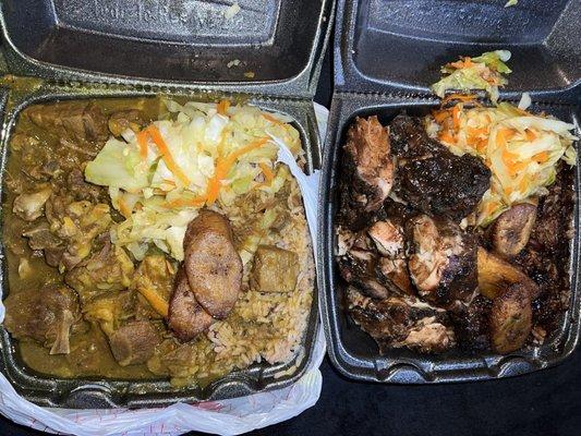 Left: Large Curry Goat Plate (Extra Gravy On The Rice) Right: Large Jerk Chicken Plate (Extra Gravy On The Rice)