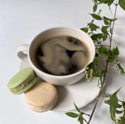 Drip coffee with Pistachio and Vanilla macarons from Macadons!