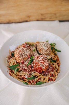 Linguine & Meatballs - our all natural meatballs and San Marzano tomatoes over a big bowl of linguine pasta!