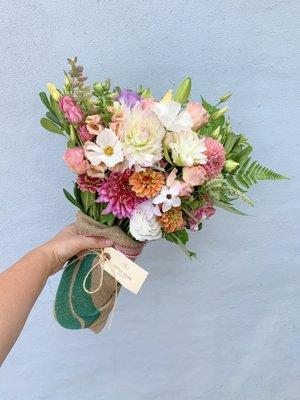 Local Summer blooms are the BEST! Our Large hand-tied bouquet looking bright and cheerful.