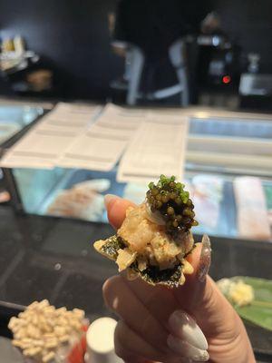 Opening Bite - Tempura Nori, hamachi-scallop tartare, creme fraiche, imperial kaluga caviar, chives