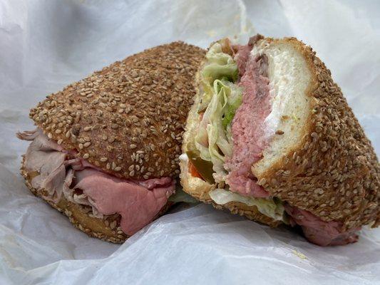 Roast beef provolone cheese cherry peppers lettuce and mayonnaise on sesimo bread. My go-to sandwich. Always amazing, always consistent