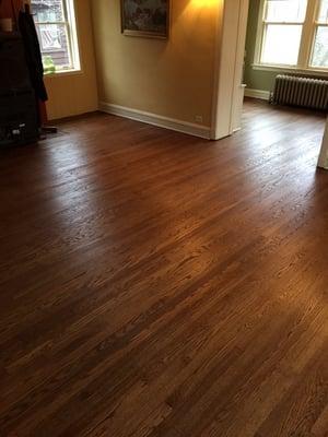 Existing red oak wood floors refinished in the Beverly Hills area of Chicago. Clean and classy.