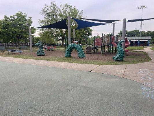 Big kid play, in the mulch-little kids have one on the rubber ground