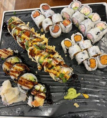 From left to right: shrimp tempura roll, Grand Junction roll, spicy tuna roll, spicy salmon roll, Calilfornia roll.