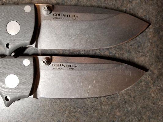 The knife on the bottom was sharpened by Steve. The knife on top hasnt been sharpened.