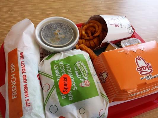 French dip and swiss, chicken tenders and roasted turkey ranch bacon sandwich with curly fries and a drink :)