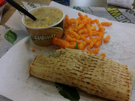 Broccoli cheese soup tuna on  Flat bread, cucumber, spinach And cheese curls