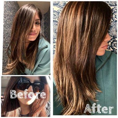 Color correction from copper brown (horrible red) to this beautiful brown caramel color. By the hair whisperer - Clodoveu!