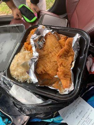 Chicken tenders Rice and gravy and sweet potatoes