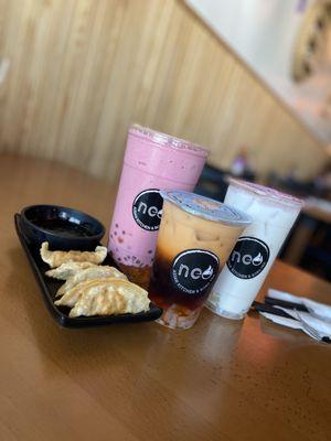 Dumplings, Thai tea with almond milk