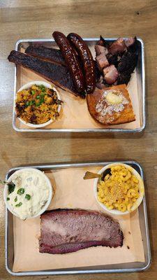 Brisket BBQ Plate & The Texas Trinity plate with sides: Mustard potato salad, queso Mac n Cheese, Buttermilk Cornbread & Sweet corn pudding