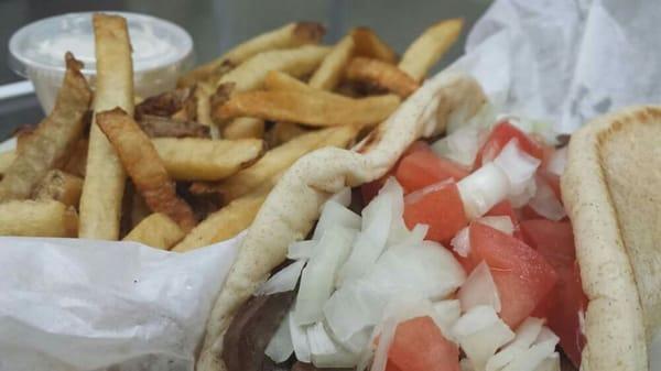 Classical Gyro with a side of fried and tzatziki sauce