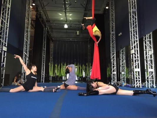 Blue mat precut place to stretch while waiting for our pole class to start