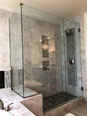 Frameless 90 Degree Shower Enclosure with Notched Panel