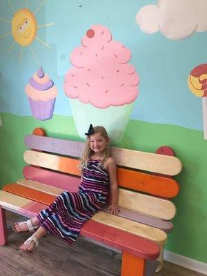 We love when kids visit and get a picture on our pop sickle stick bench!