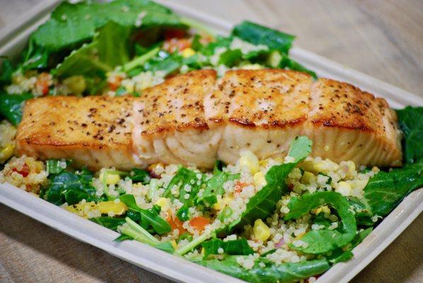 Seared Salmon over Corn Kale Quinoa