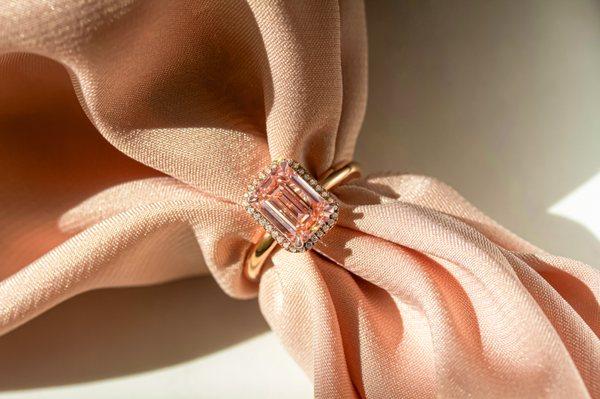 3.23ct.tw Certified Fancy Intense Pink Emerald-cut Lab-grown Diamond dual Halo Ring in 18k Rose Gold