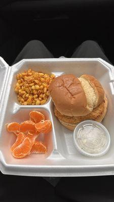 "Chicken" sandwich, fruit and street corn. Ask for vegan ranch.