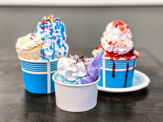 ( Left)adult version of the kids Cuppycake. (Right) strawberry short cake. (Middle) kids cotton candy fluff