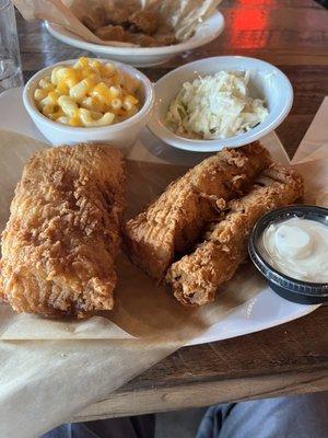 Fried cod, Mac and cheese and coleslaw