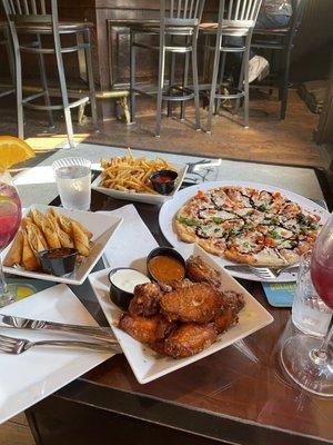 Top: Fries Left: Lumpia Right: Margherita Pizza Bottom: Raven Wings w/Ranch & Stupid Hot Sauce Drinks: Sangria