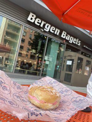 Salted bagel with strawberry cream cheese