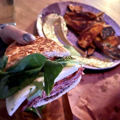 Roasted sweet potato wedges, Italian sub (extra cheese, no pepperoni.)