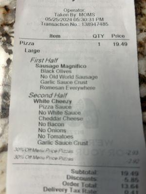 Proof of purchase of my incorrect pizza