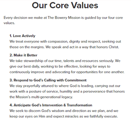 Bowery Mission Core Values Leah doesn't follow