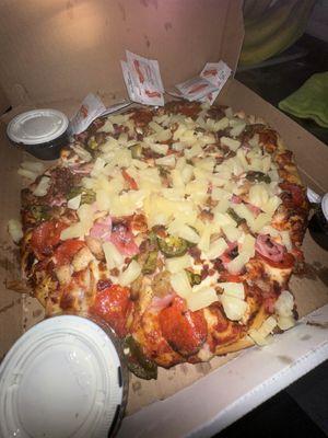 Delicious large meat lovers pizza with pineapple :)