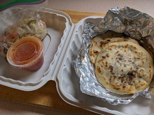 3 Pupusas with curtido  (2 pork and cheese, 1 beans and cheese)