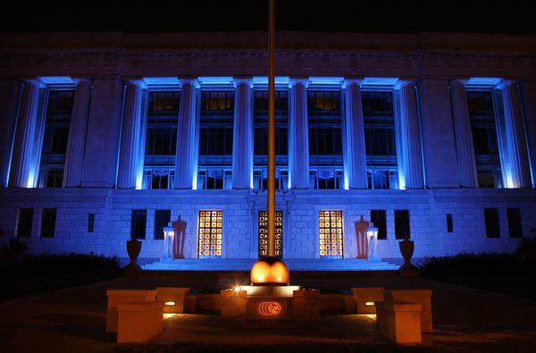 Kansas City Life Insurance Company building lite up in Royal blue.