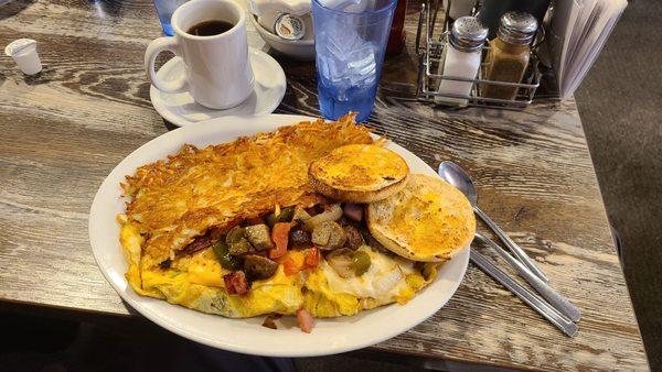 Everything Omelette, hash browns and English muffin.