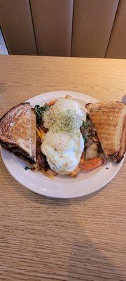 Root hash skillet with sour dough toast.