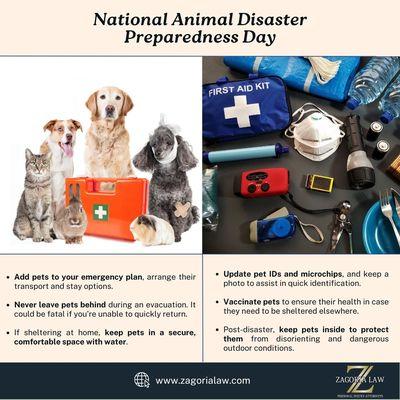 National Animal Disaster Preparedness Day The Zagoria Law Firm believes in the safety of all family members, including our furry friends