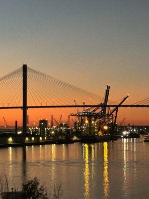 Working dock, bridge to the islands and sunset