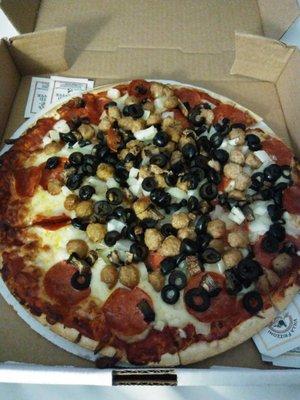 The Special pizza minus green olives/green peppers