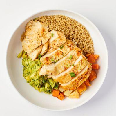 Protein Bowl with organic baked chicken, quinoa and homemade mango avocado salsa.