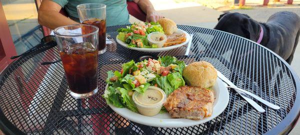 Caesar salad with salmon. Cold brew coffee.