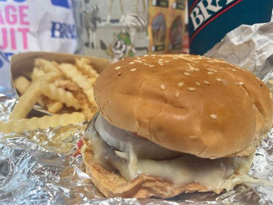 Jalapeno pepper jack burger and fries