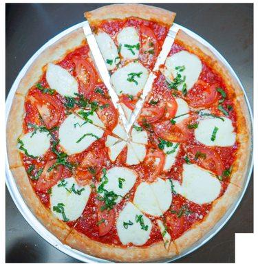 Margherita pizza: Homemade pizza sauce, Fresh mozzarella cheese, Sliced Tomato, Fresh basil, Olive oil.