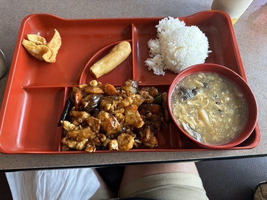 Kung Pao chicken, sweet and sour soup and steamed rice